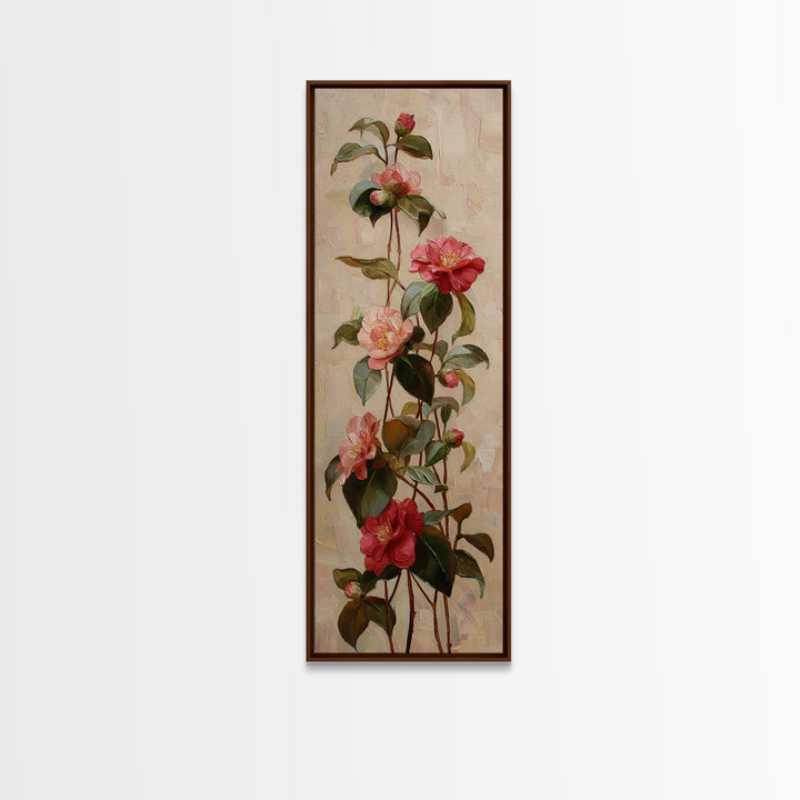 Camellia Bloom with Glossy Leaves Canvas Print, Floral Art, Botanical Curtain, Living Room Decor, Oil Painting, Bloom, FLO-1x3-100
