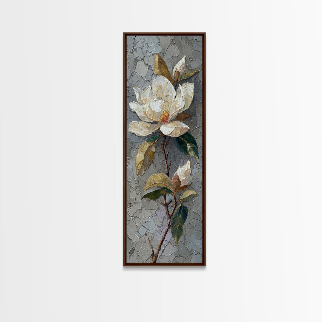 Single White Magnolia on Charcoal Ground Canvas Print, Floral Art, Botanical Art, Living Room Decor, Oil Painting, Bloom, FLO-1x3-40