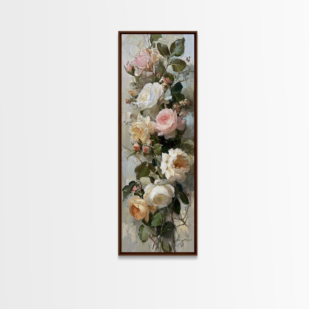 Floral Wreath of Garden Roses and Herbs Framed Canvas Print, Floral Art, Textured Painting, Living Room Decor, Fine Art, Bloom, FLO-1x3-53