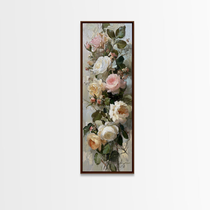 Floral Wreath of Garden Roses and Herbs Framed Canvas Print, Floral Art, Textured Painting, Living Room Decor, Fine Art, Bloom, FLO-1x3-53