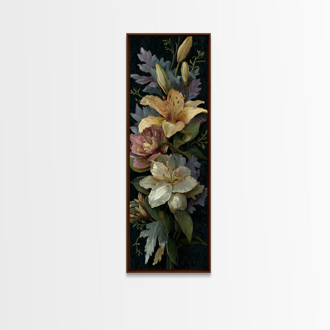 Lily Bouquet with Dramatic Dark Background Framed Canvas Print, Floral Art, Floral Art Prints, Living Room Decor, Oil Painting, FLO-1x3-80