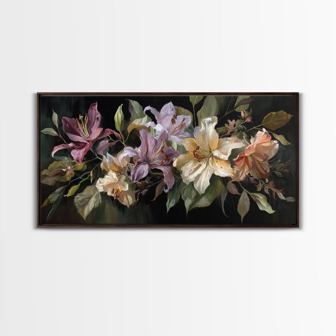 Lily Bouquet with Dramatic Dark Background Canvas Print, Floral Art, Printable, Living Room Decor, Oil Painting, Bloom, FLO-2x1-64