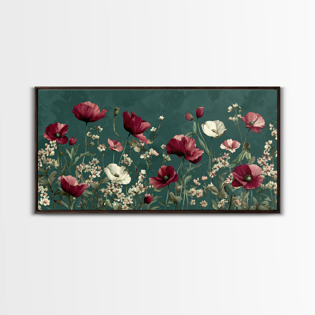 Poppy Field with Red Petals and Green Canvas Print, Floral Art, Art Nouveau Decor, Living Room Decor, Fine Art, Bloom, FLO-2x1-76