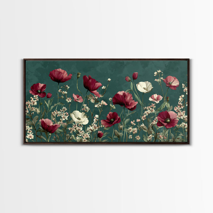 Poppy Field with Red Petals and Green Canvas Print, Floral Art, Art Nouveau Decor, Living Room Decor, Fine Art, Bloom, FLO-2x1-76
