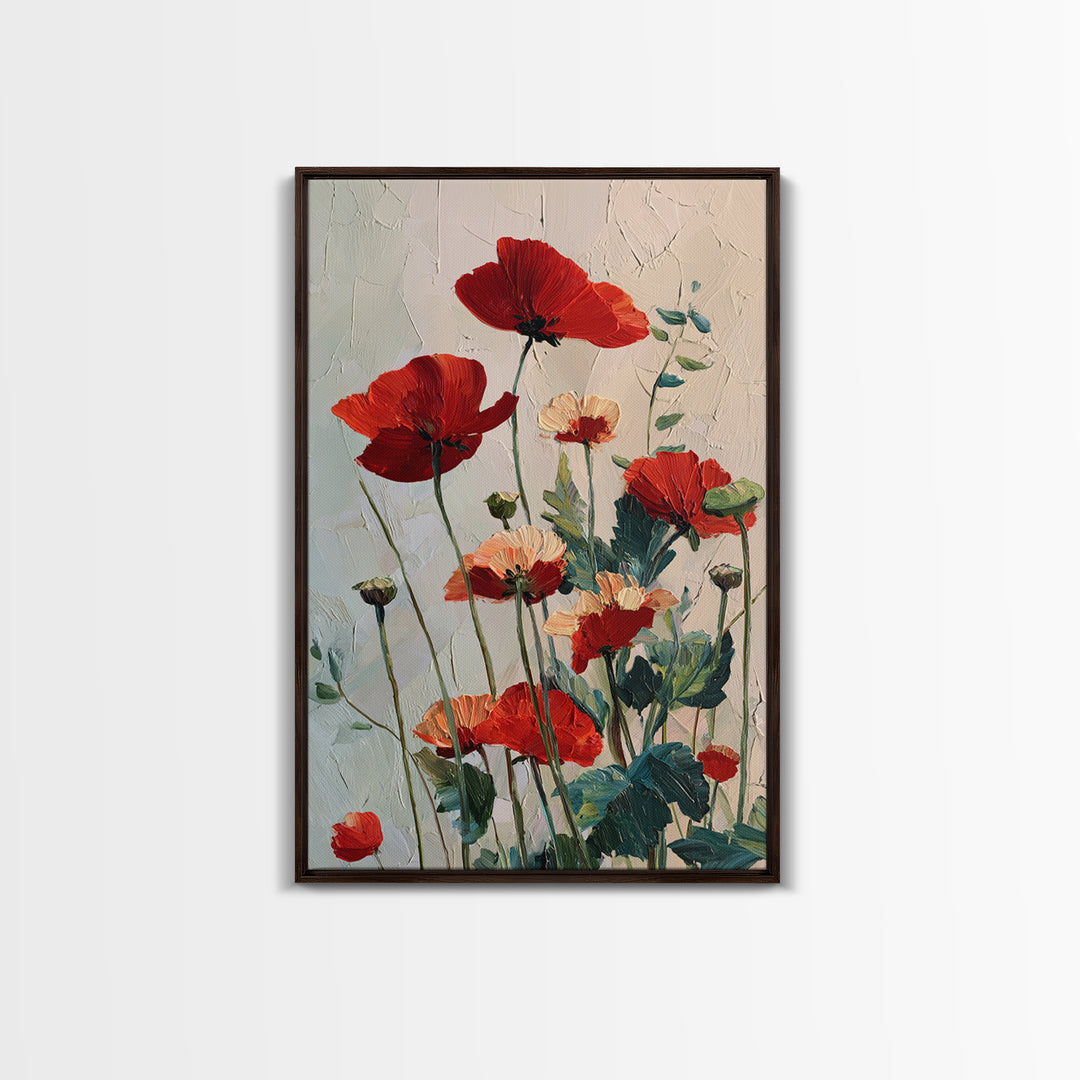 Poppy Field with Red Petals and Green Framed Canvas Print, Floral Art, Art Nouveau Decor, Living Room Decor, Fine Art, Bloom, FLO-2x3-88
