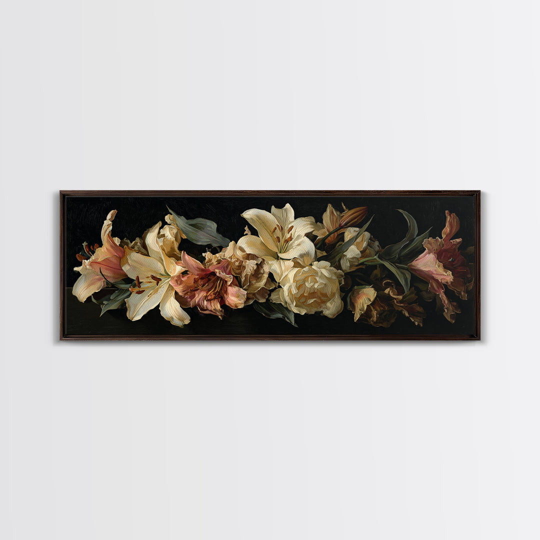 Lily Bouquet with Dramatic Dark Background Framed Canvas Print, Floral Art, Art Nouveau Locket, Living Room Decor, Bloom, FLO-3x1-12