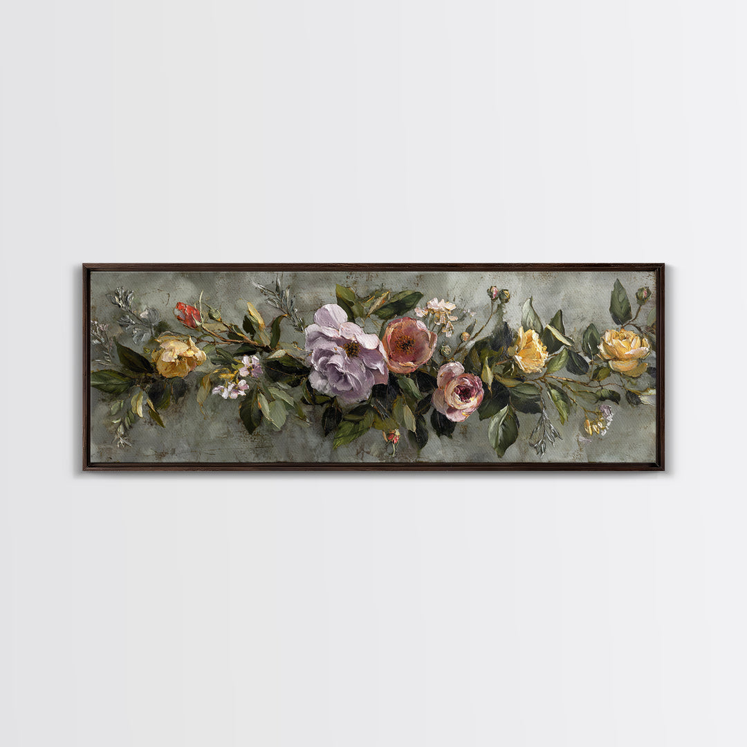 Floral Wreath of Garden Roses and Herbs Canvas Print, Floral Art, Floral Art Prints, Living Room Decor, Oil Painting, Bloom, FLO-3x1-33