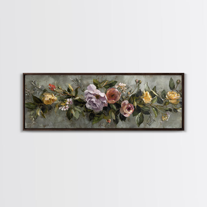 Floral Wreath of Garden Roses and Herbs Canvas Print, Floral Art, Floral Art Prints, Living Room Decor, Oil Painting, Bloom, FLO-3x1-33