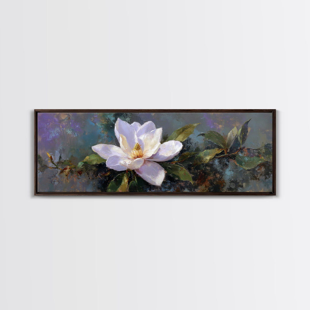 Single White Magnolia on Charcoal Ground Framed Canvas Print, Floral Art, Home Decor, Living Room Decor, Fine Art, Bloom, FLO-3x1-68