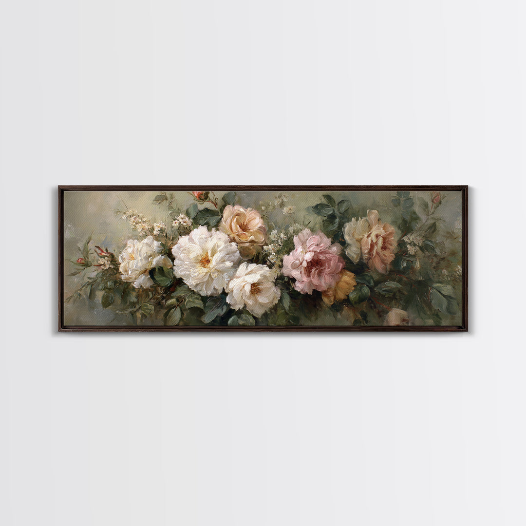 Floral Wreath of Garden Roses and Herbs Framed Canvas Print, Floral Art, Art Nouveau Decor, Living Room Decor, Fine Art, Bloom, FLO-3x1-9
