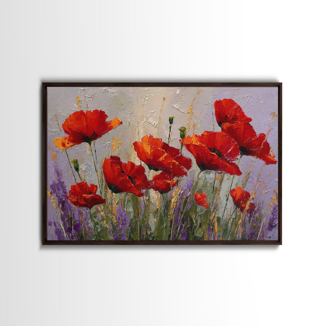 Poppy Field with Red Petals and Green Canvas Print, Floral Art, Floral Art Prints, Living Room Decor, Oil Painting, Bloom, FLO-3x2-12