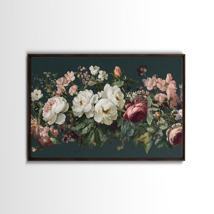 Floral Wreath of Garden Roses and Herbs Framed Canvas Print, Floral Art, Gallery Decor, Living Room Decor, Fine Art, Bloom, FLO-3x2-45