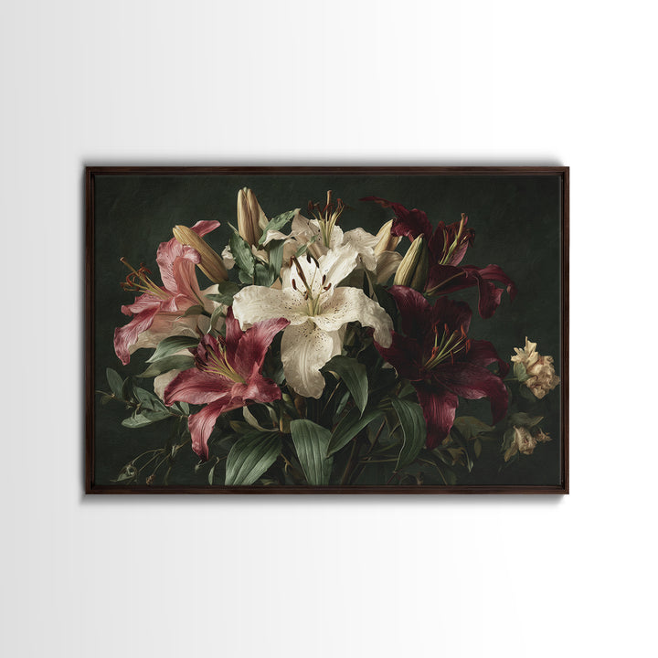 Lily Bouquet with Dramatic Dark Background Canvas Print, Floral Art, Gallery Decor, Living Room Decor, Fine Art, Bloom, FLO-3x2-48