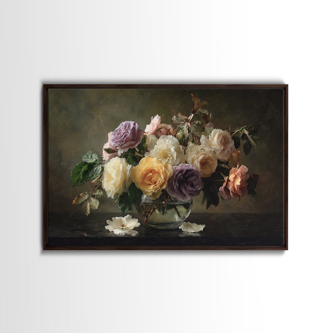 Dark Moody Roses Framed Canvas Print, Floral Art, Art Nouveau Decor, Living Room Decor, Fine Art, Bloom, Floral Decor, FLO-3x2-6