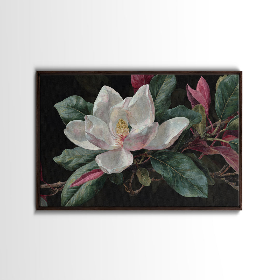 Single White Magnolia on Charcoal Ground Framed Canvas Print, Floral Art, Home Decor, Living Room Decor, Fine Art, Bloom, FLO-3x2-80