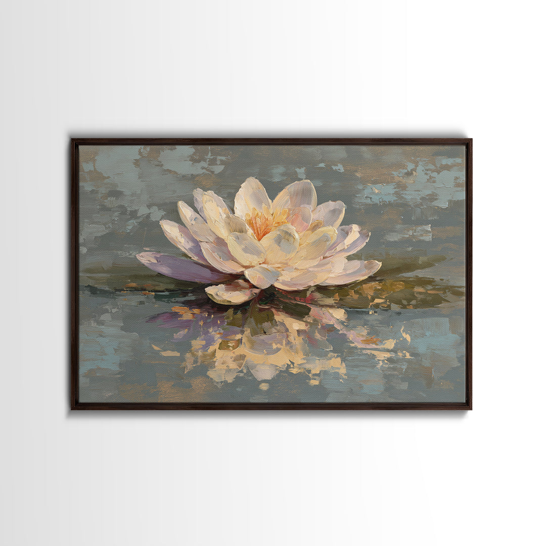 Lotus Blossom Floating on Still Water Framed Canvas Print, Floral Art, Art Nouveau Locket, Living Room Decor, Fine Art, Bloom, FLO-3x2-90