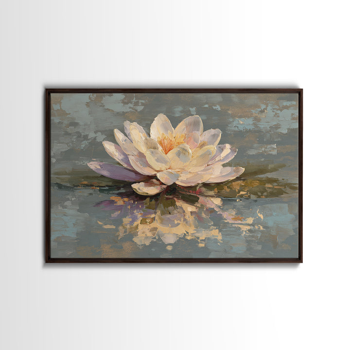 Lotus Blossom Floating on Still Water Framed Canvas Print, Floral Art, Art Nouveau Locket, Living Room Decor, Fine Art, Bloom, FLO-3x2-90