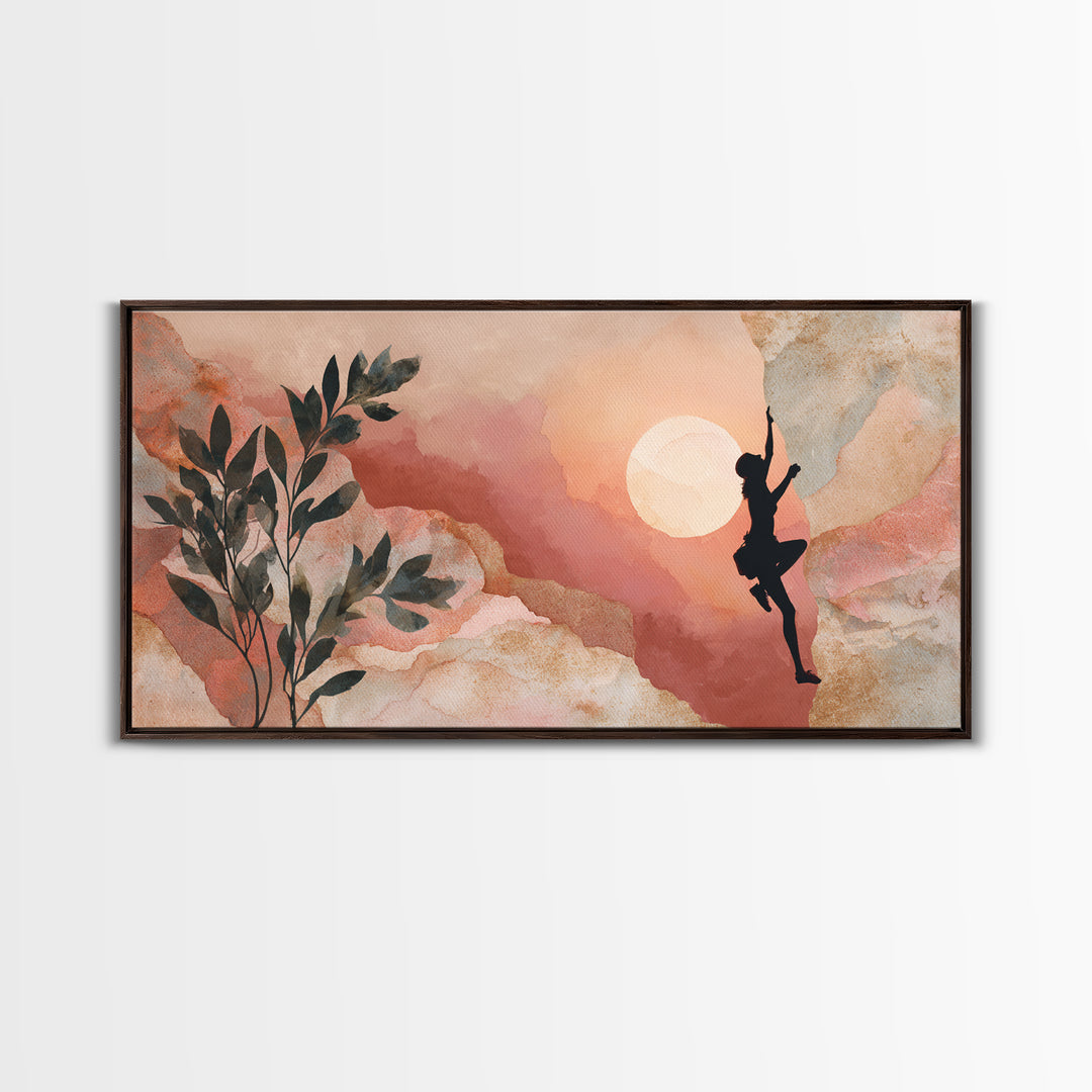 Rock Climber Reaching Toward Warm Light Framed Canvas Print, Fitness Studio Art, Boho Decor, Gym Decor, Oil Painting, Motion, FSA-2x1-35