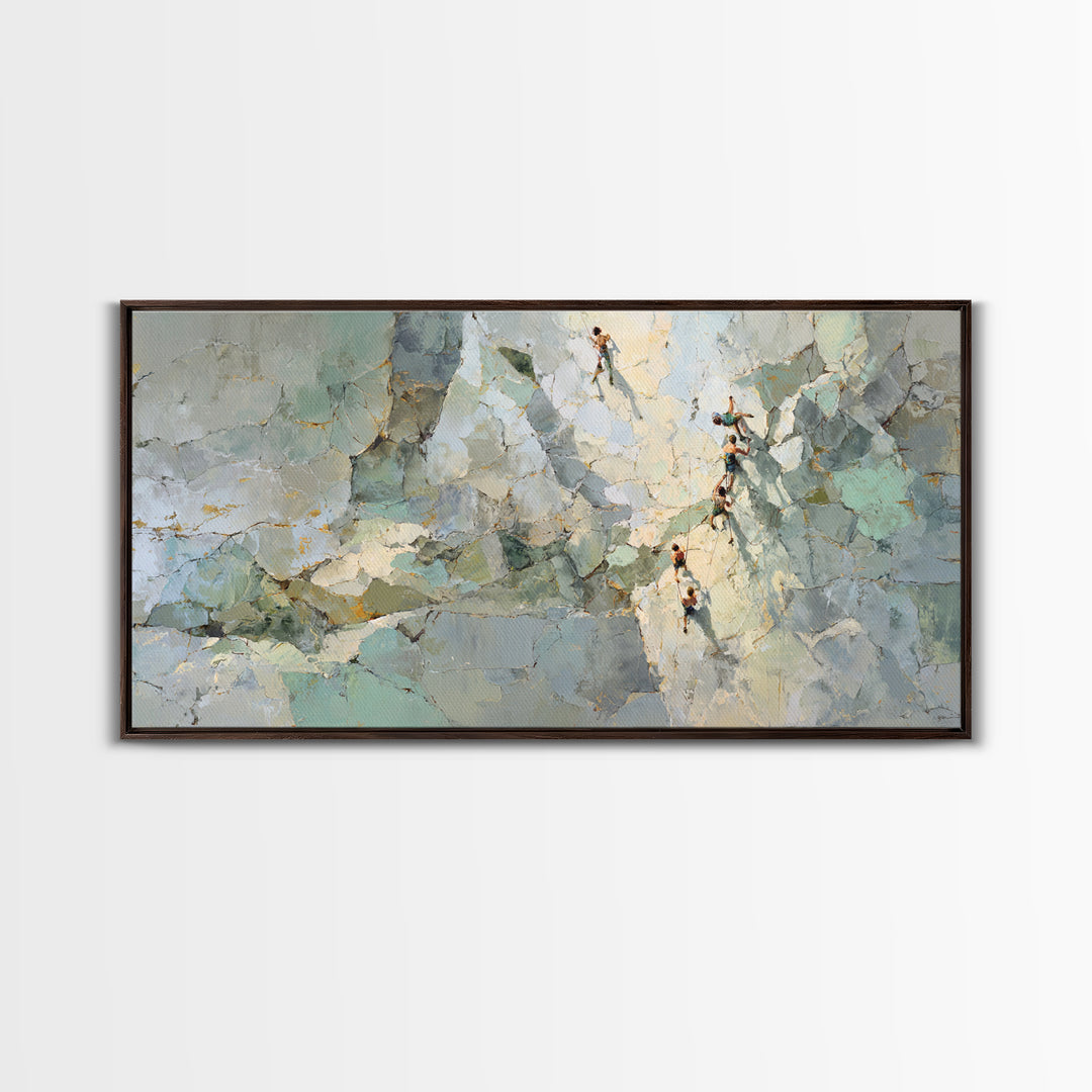 Rock Climber Reaching Toward Warm Light Framed Canvas Print, Fitness Studio Art, Boho Decor, Gym Decor, Fine Art, Motion, FSA-2x1-83
