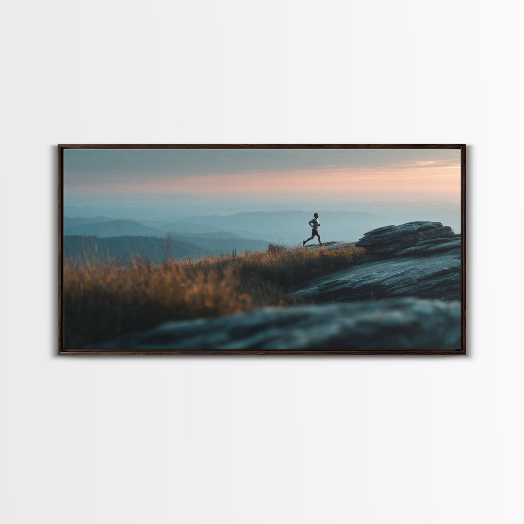 Mountain Trail Runner Framed Canvas Print, Fitness Studio Art, Minimalist Art Print, Gym Decor, Fine Art, Motion, Home Decor, FSA-2x1-96