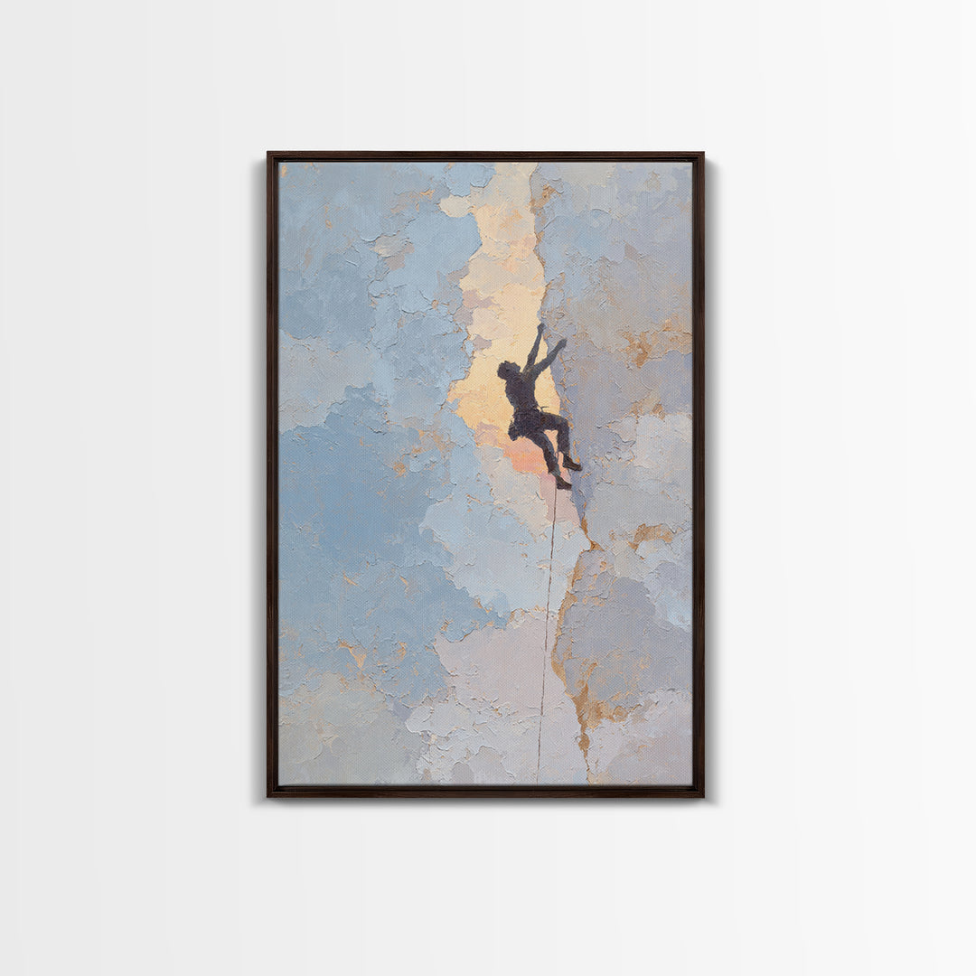 Rock Climber Reaching Toward Warm Light Framed Canvas Print, Fitness Studio Art, Physical Therapy Art, Gym Decor, Abstract Art, FSA-2x3-47