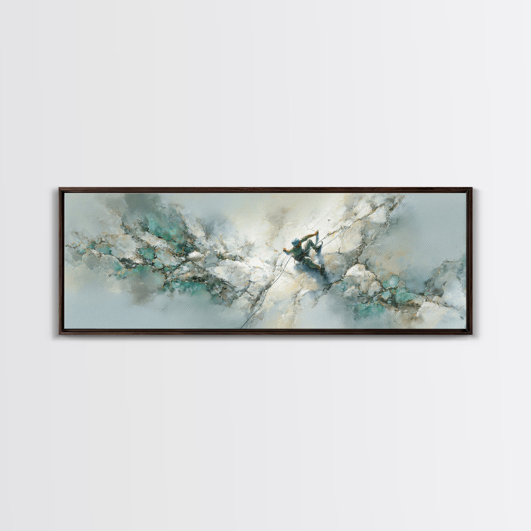 Rock Climber Reaching Toward Warm Light Framed Canvas Print, Fitness Studio Art, Boho Decor, Gym Decor, Fine Art, Motion, FSA-3x1-55