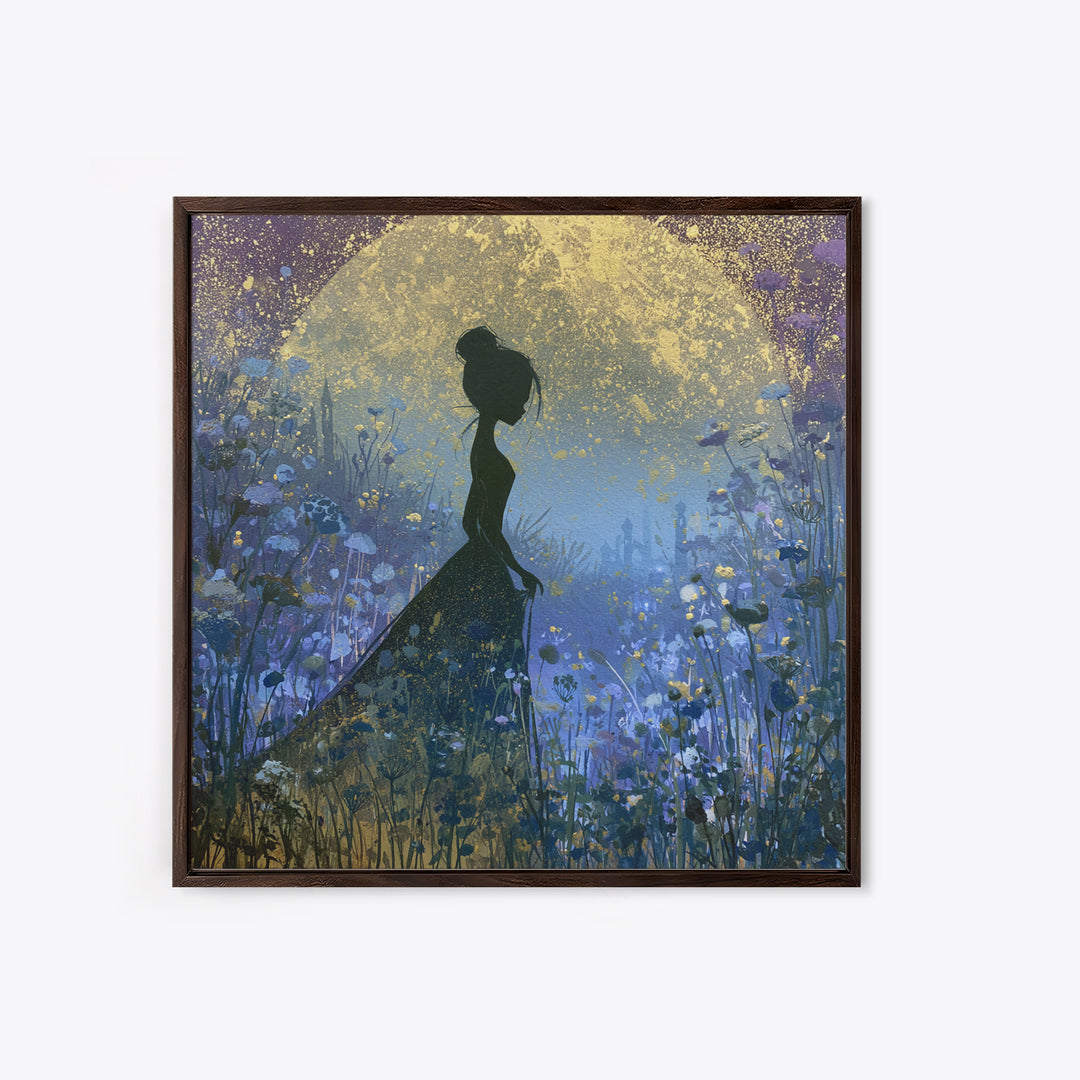 Princess Silhouette with Moonlit Garden Flowers Canvas Print, Fairy Tale Art, Art Nouveau Print, Living Room Decor, Storybook, FTA-1x1-100