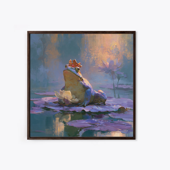 Frog Prince on a Lily Pad Framed Canvas Print, Fairy Tale Art, Whimsical Decor, Living Room Decor, Fine Art, Storybook, FTA-1x1-11