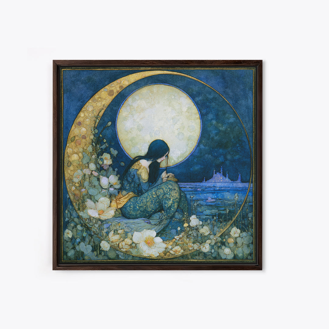 Mermaid Combing Hair Beneath a Pearl Moon Framed Canvas Print, Fairy Tale Art, Painting, Living Room Decor, Fine Art, Storybook, FTA-1x1-12