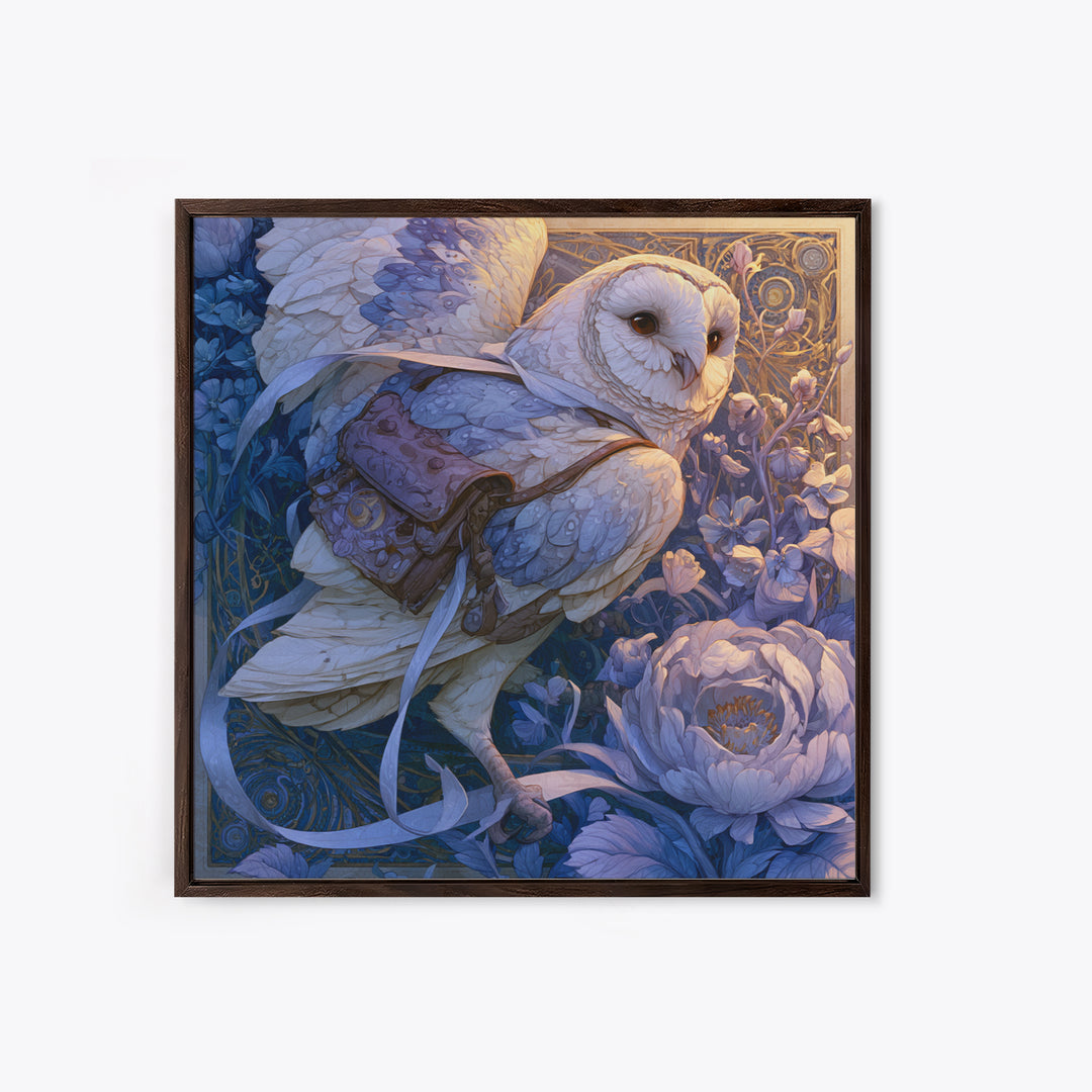 Owl Messenger Carrying a Tiny Ribbon Canvas Print, Fairy Tale Art, Gallery Decor, Living Room Decor, Fine Art, Storybook, FTA-1x1-17
