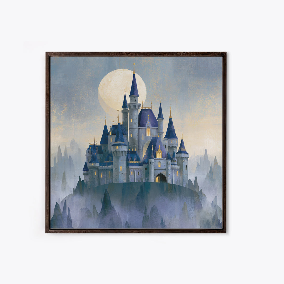Storybook Castle on a Misty Hill Framed Canvas Print, Fairy Tale Art, Dark Art, Living Room Decor, Fine Art, Storybook, FTA-1x1-2