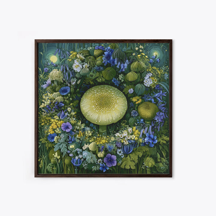 Fairy Ring of Mushrooms and Wildflowers Framed Canvas Print, Fairy Tale Art, Neutral Decor, Living Room Decor, Oil Painting, FTA-1x1-21