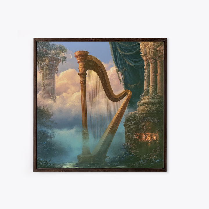Golden Harp in a Cloud Kingdom Canvas Print, Fairy Tale Art, Princess Wall Art, Living Room Decor, Oil Painting, Storybook, FTA-1x1-22