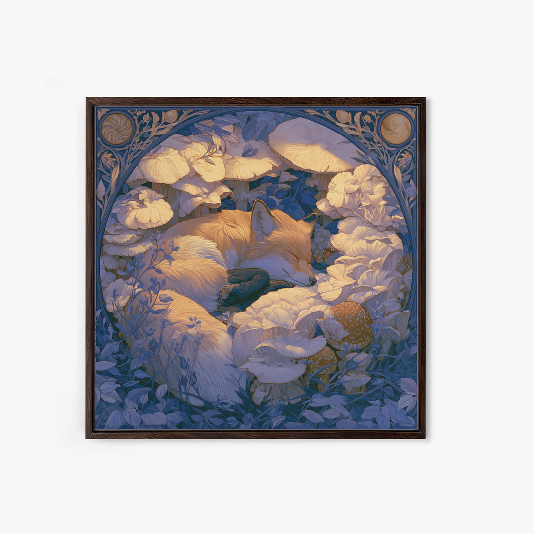 Sleeping Fox Beside a Magical Mushroom Ring Framed Canvas Print, Fairy Tale Art, Nursery Art, Living Room Decor, Storybook, FTA-1x1-27