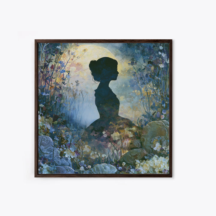 Princess Silhouette with Moonlit Garden Flowers Framed Canvas Print, Fairy Tale Art, Art Deco, Living Room Decor, Storybook, FTA-1x1-28