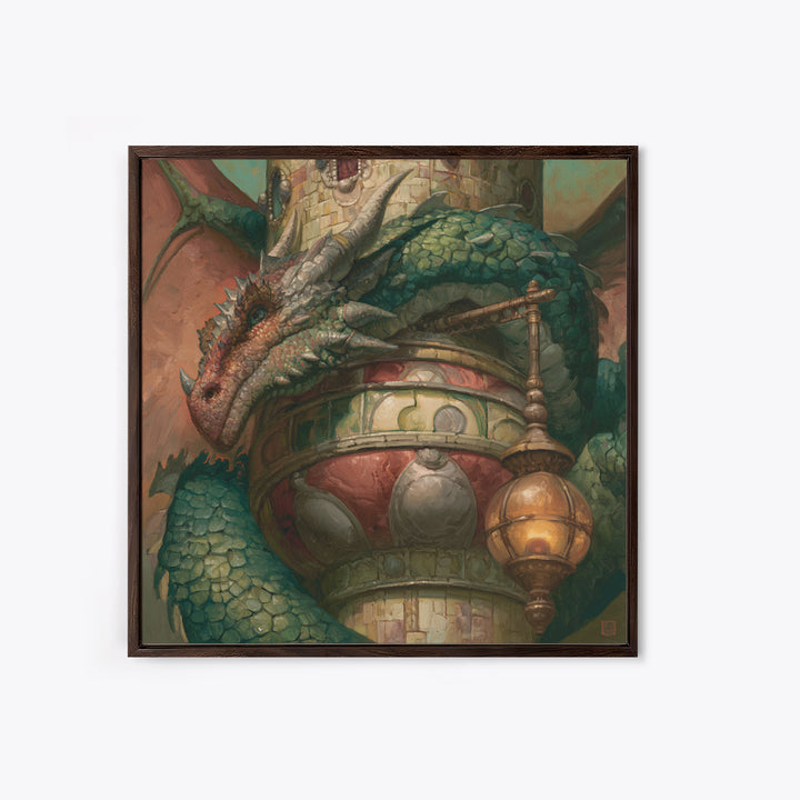 Dragon Curled Around a Jeweled Tower Framed Canvas Print, Fairy Tale Art, Textured Painting, Living Room Decor, Storybook, FTA-1x1-29