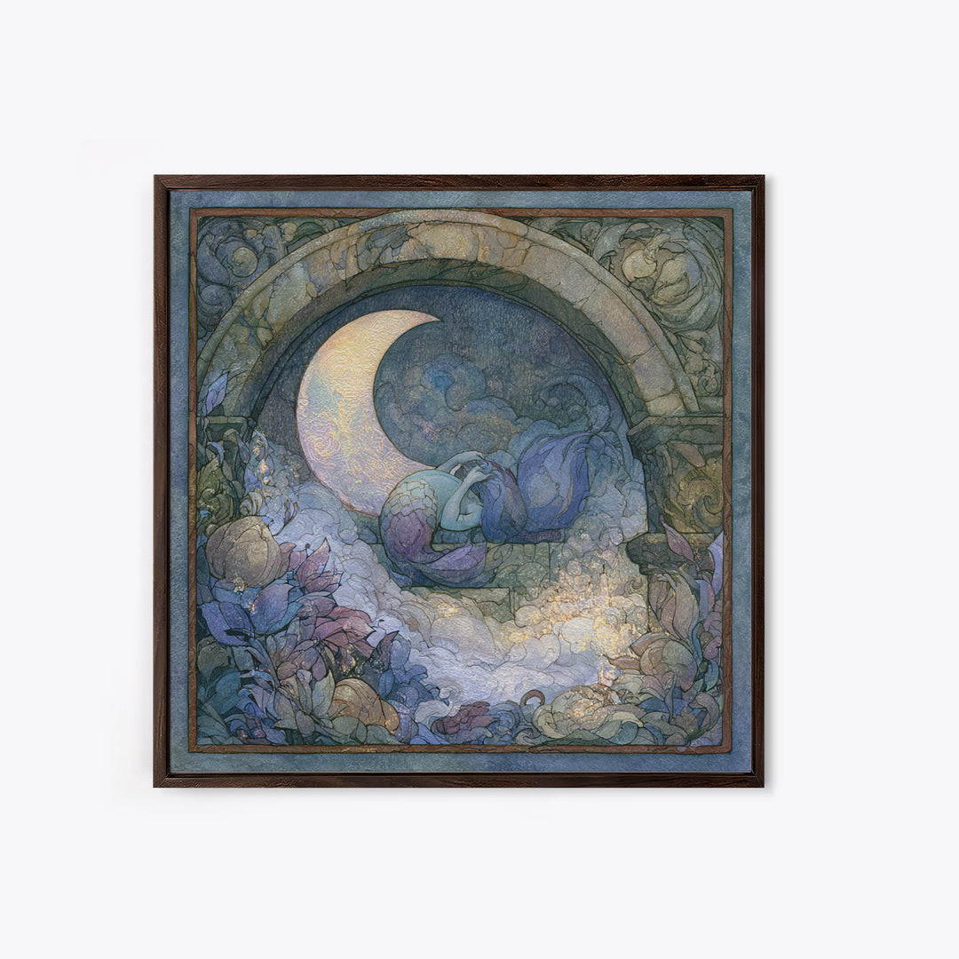 Mermaid Combing Hair Beneath a Pearl Moon Canvas Print, Fairy Tale Art, Nursery Wall Art, Living Room Decor, Watercolor Art, FTA-1x1-36