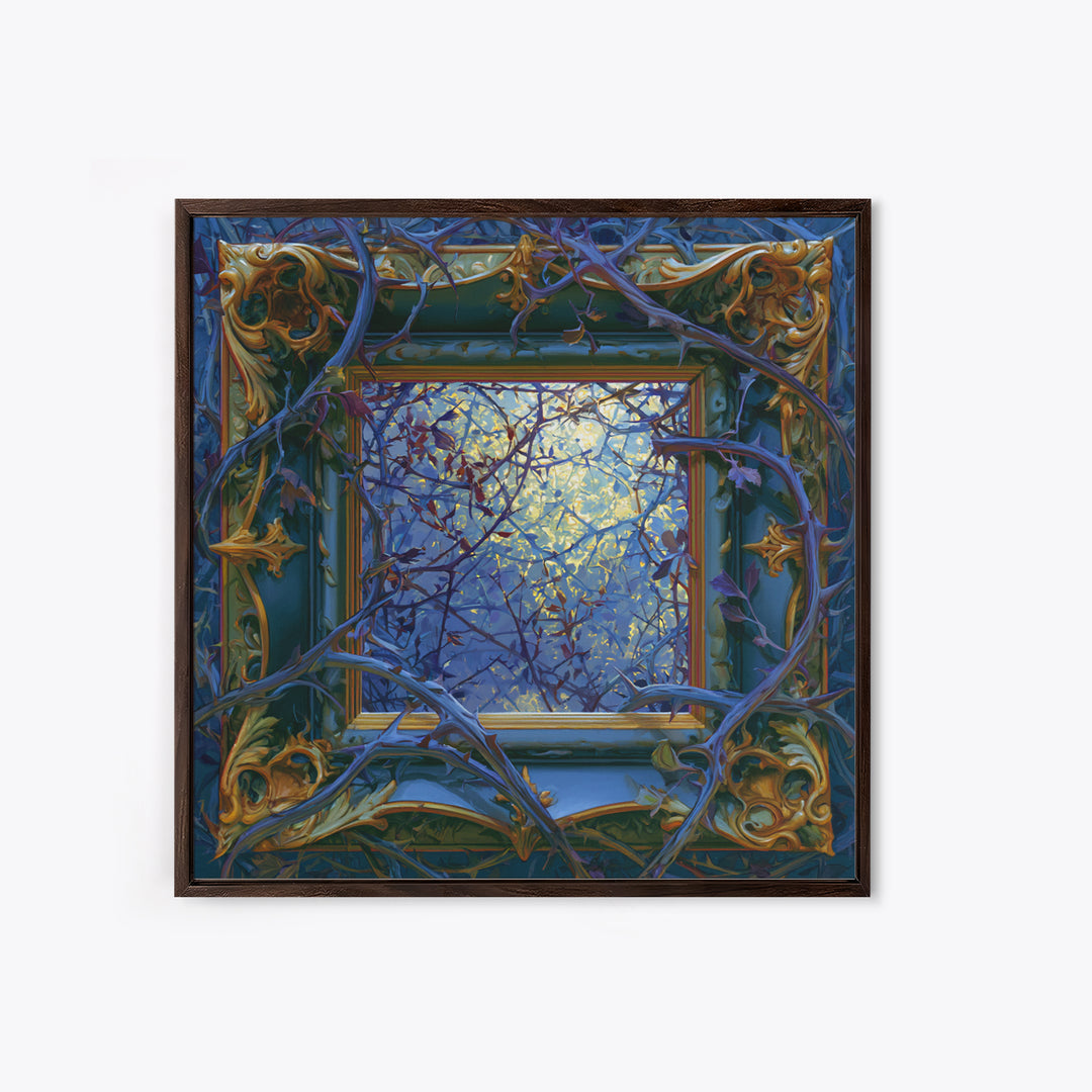 Magic Mirror Framed by Vines and Thorns Framed Canvas Print, Fairy Tale Art, Boho Decor, Living Room Decor, Oil Painting, FTA-1x1-37