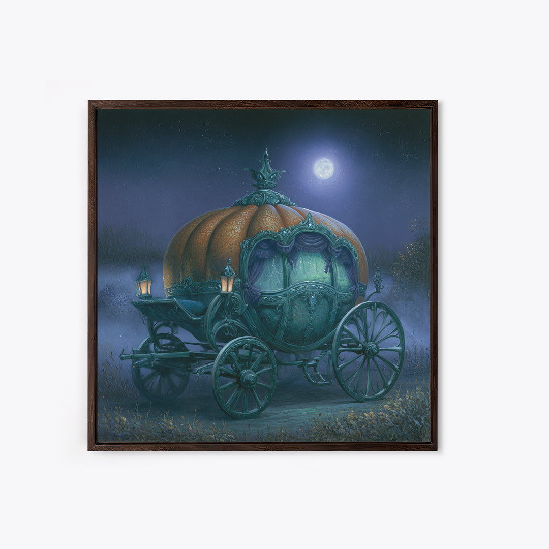 Pumpkin Carriage under Midnight Sky Framed Canvas Print, Fairy Tale Art, Room Decor, Living Room Decor, Fine Art, Storybook, FTA-1x1-40