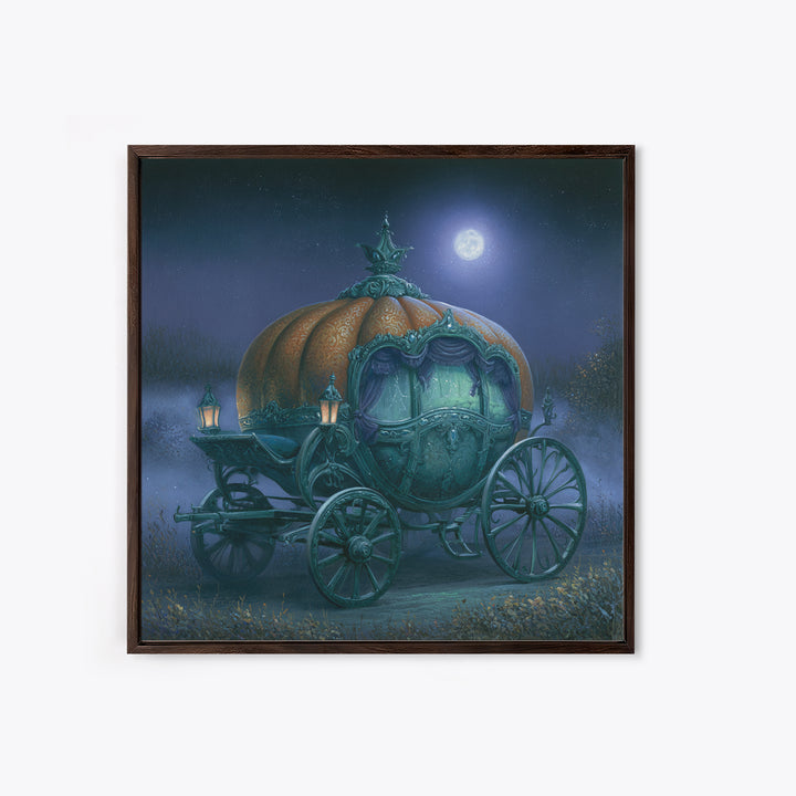Pumpkin Carriage under Midnight Sky Framed Canvas Print, Fairy Tale Art, Room Decor, Living Room Decor, Fine Art, Storybook, FTA-1x1-40
