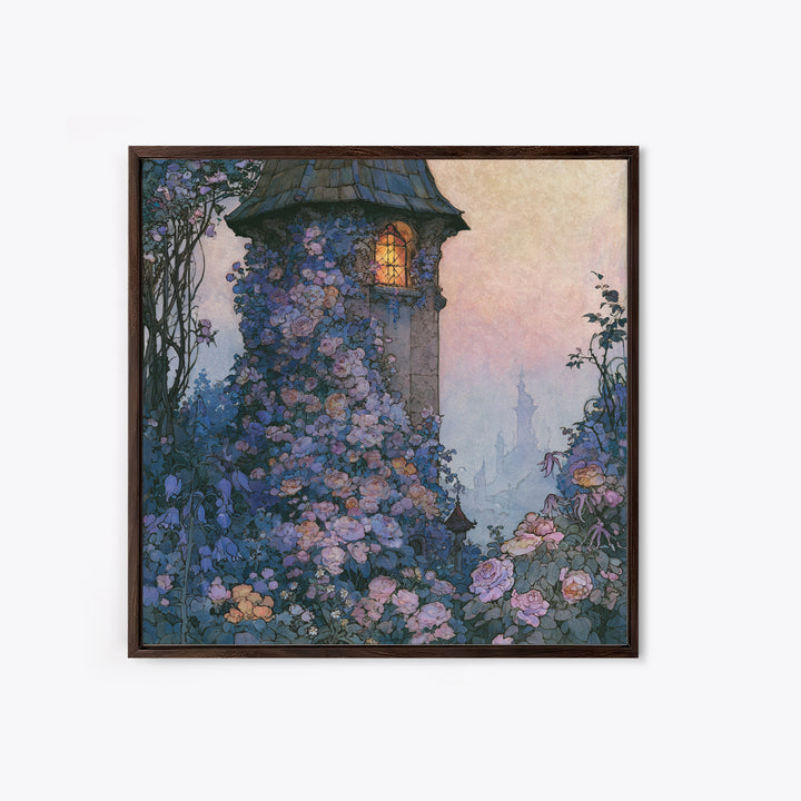 Rose Covered Tower Framed Canvas Print, Fairy Tale Art, Kids Room Decor, Living Room Decor, Abstract Art, Storybook, FTA-1x1-42