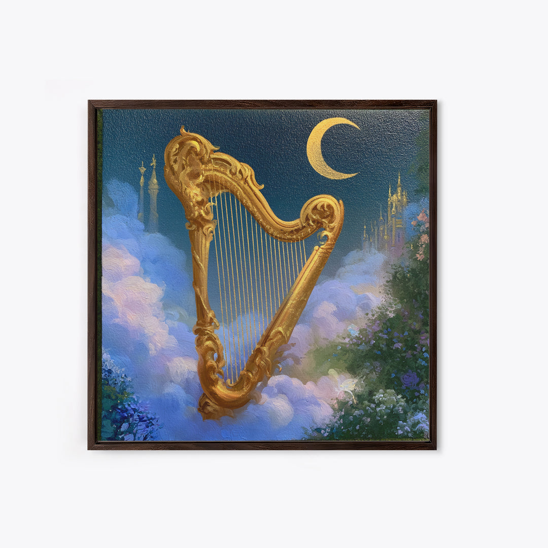 Golden Harp in a Cloud Kingdom Framed Canvas Print, Fairy Tale Art, Mixed Media Art, Living Room Decor, Fine Art, Storybook, FTA-1x1-46