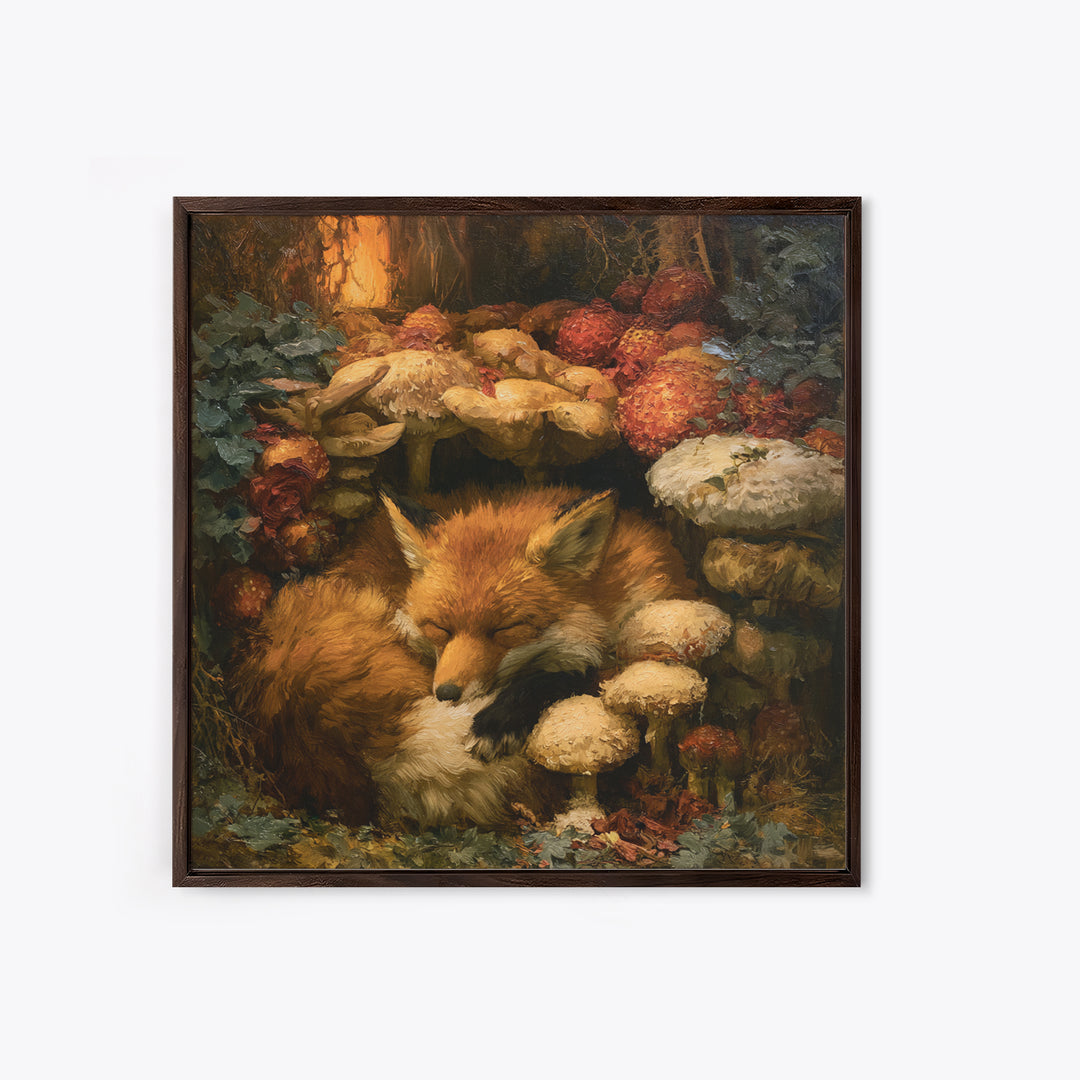 Sleeping Fox Beside a Magical Mushroom Ring Framed Canvas Print, Fairy Tale Art, Fantasy Art, Living Room Decor, Oil Painting, FTA-1x1-51