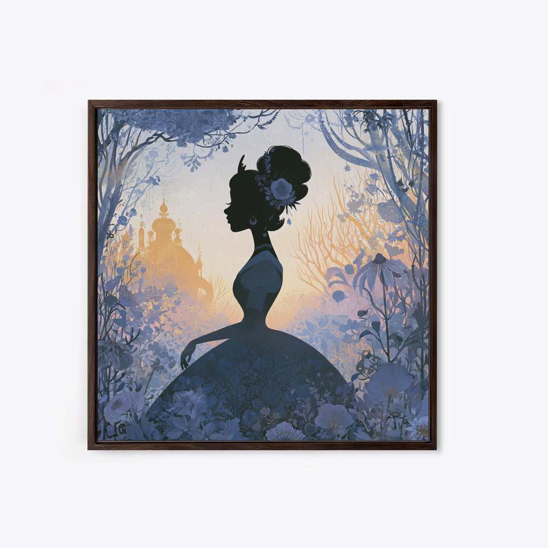 Princess Silhouette with Moonlit Garden Flowers Framed Canvas Print, Fairy Tale Art, Watercolor Art, Living Room Decor, FTA-1x1-52