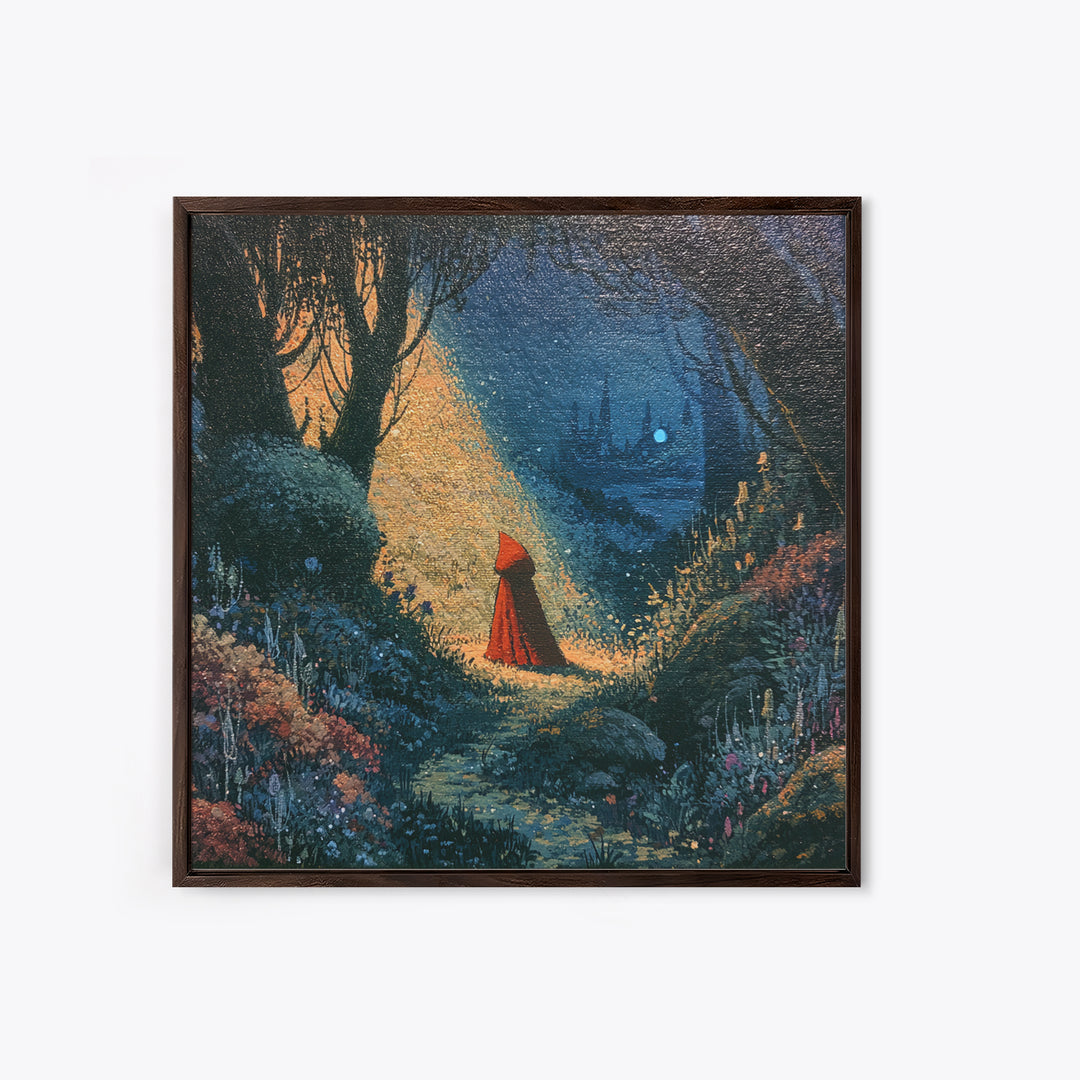 Red Cloak Figure Walking Through Dark Woods Framed Canvas Print, Fairy Tale Art, Canvas Wall Art, Living Room Decor, Storybook, FTA-1x1-56