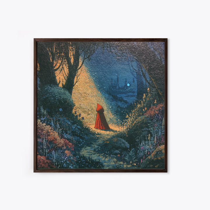 Red Cloak Figure Walking Through Dark Woods Framed Canvas Print, Fairy Tale Art, Canvas Wall Art, Living Room Decor, Storybook, FTA-1x1-56