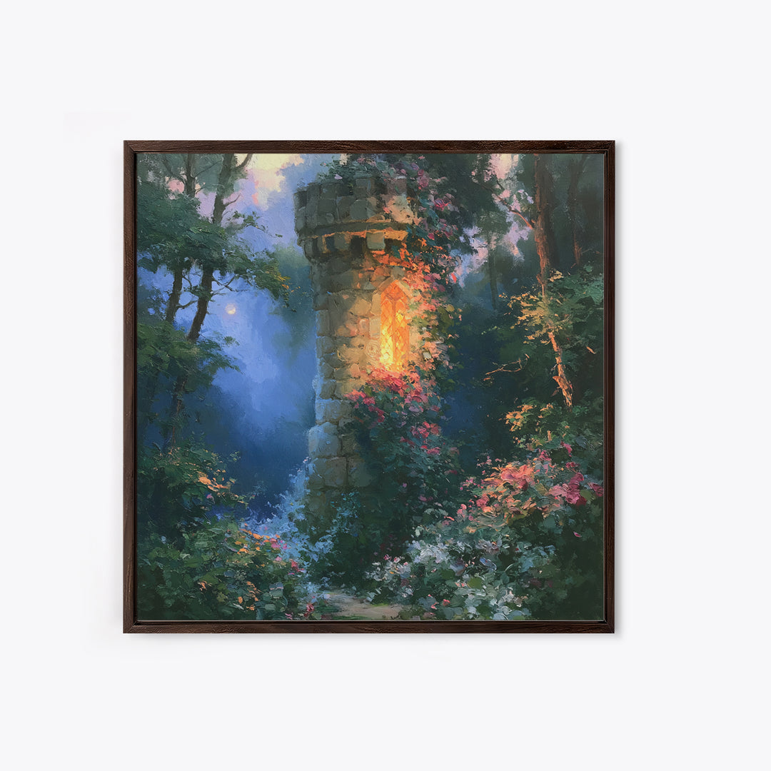 Rose Covered Tower Framed Canvas Print, Fairy Tale Art, Kids Room Decor, Living Room Decor, Abstract Art, Storybook, FTA-1x1-66