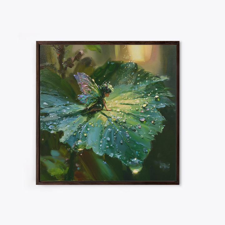 Tiny Fairy Resting on a Dew Covered Framed Canvas Print, Fairy Tale Art, Printable Art, Living Room Decor, Oil Painting, FTA-1x1-7