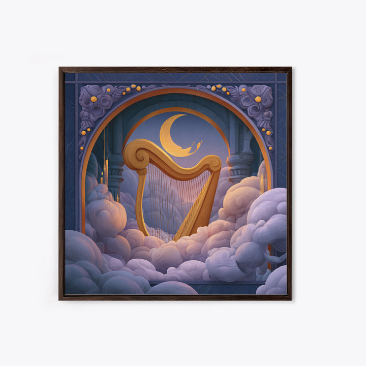 Golden Harp in a Cloud Kingdom Framed Canvas Print, Fairy Tale Art, Mixed Media Art, Living Room Decor, Fine Art, Storybook, FTA-1x1-70