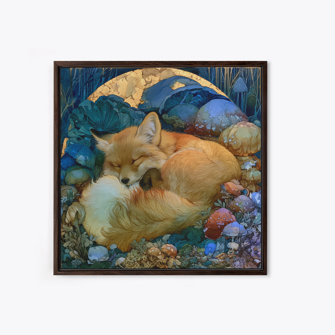 Sleeping Fox Beside a Magical Mushroom Ring Canvas Print, Fairy Tale Art, Statement Artwork, Living Room Decor, Storybook, FTA-1x1-75
